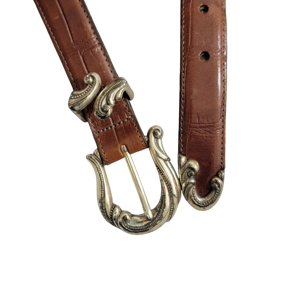 Brown Mock‎ Croc Leather Western Belt Silver Ornate 3pc Buckle Set USA M